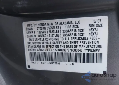 2007 Honda Odyssey Ex-L from USA, damaged, VIN 5FNRL38787B080046